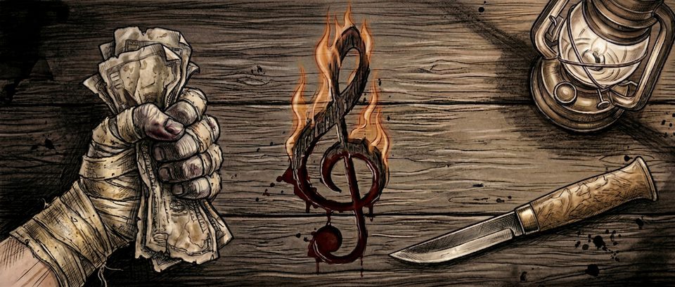 Song of the Fight key art: a burning treble clef branded in blood on a wooden table, flanked by a bandaged fist gripping cash, an oil lantern, and a knife
